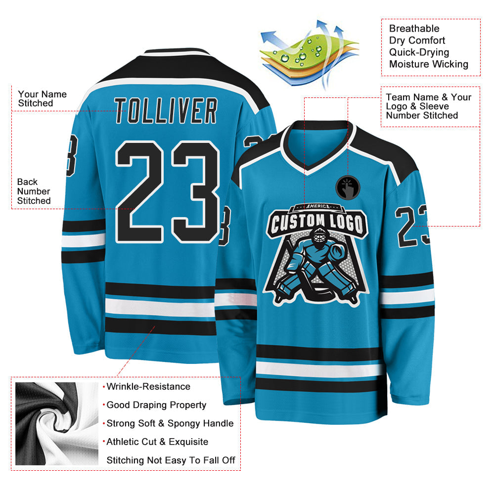 Custom Panther Blue Black-White Hockey Jersey view 3