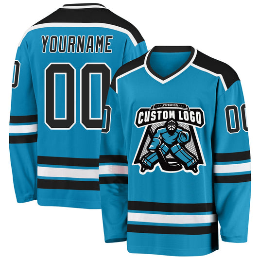 Custom Panther Blue Black-White Hockey Jersey - Main View