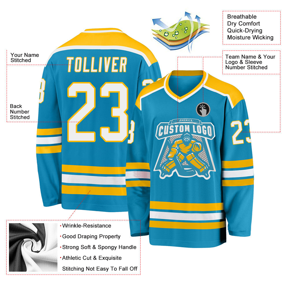 Custom Panther Blue White-Gold Hockey Jersey view 3