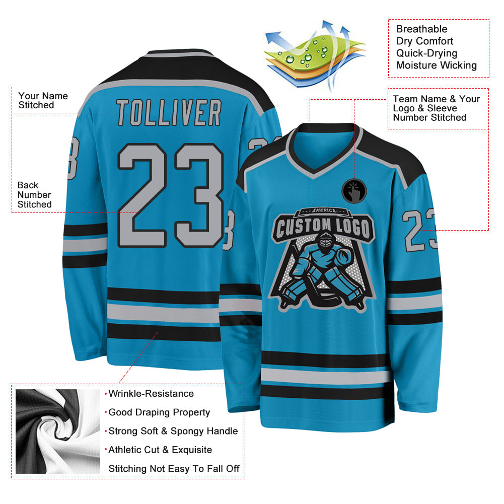 Custom Panther Blue Gray-Black Hockey Jersey view 3