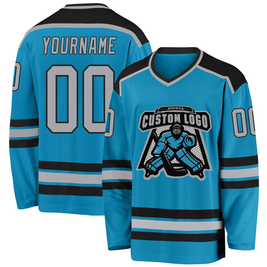 Custom Panther Blue Gray-Black Hockey Jersey - Main View