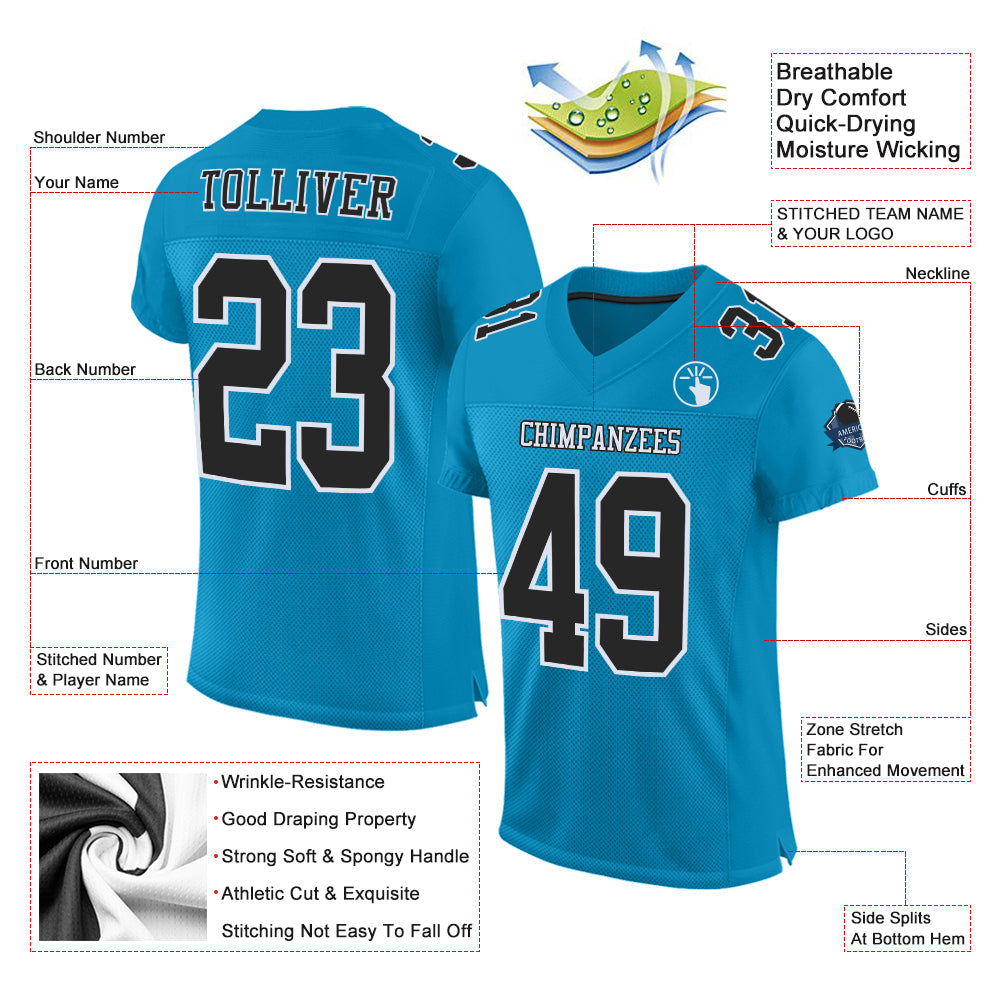 Custom Panther Blue Black-White Mesh Authentic Football Jersey view 2