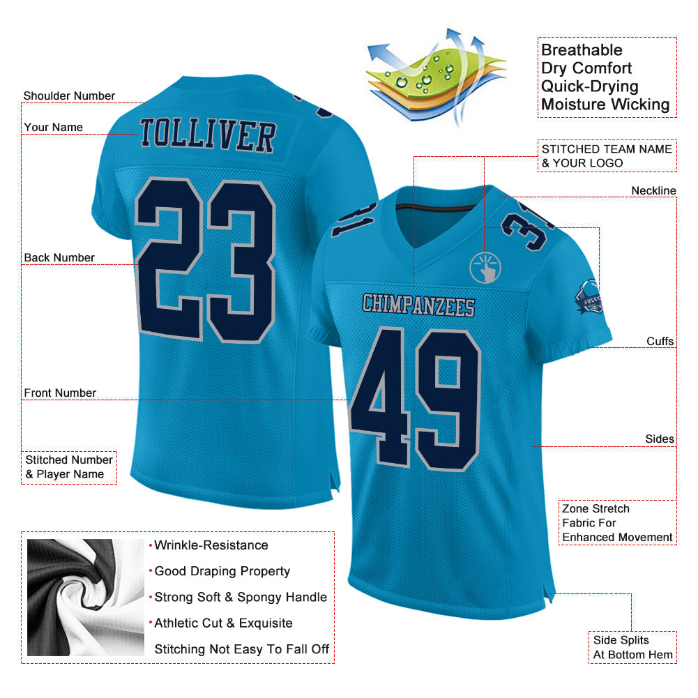 Custom Panther Blue Navy-Gray Mesh Authentic Football Jersey view 2