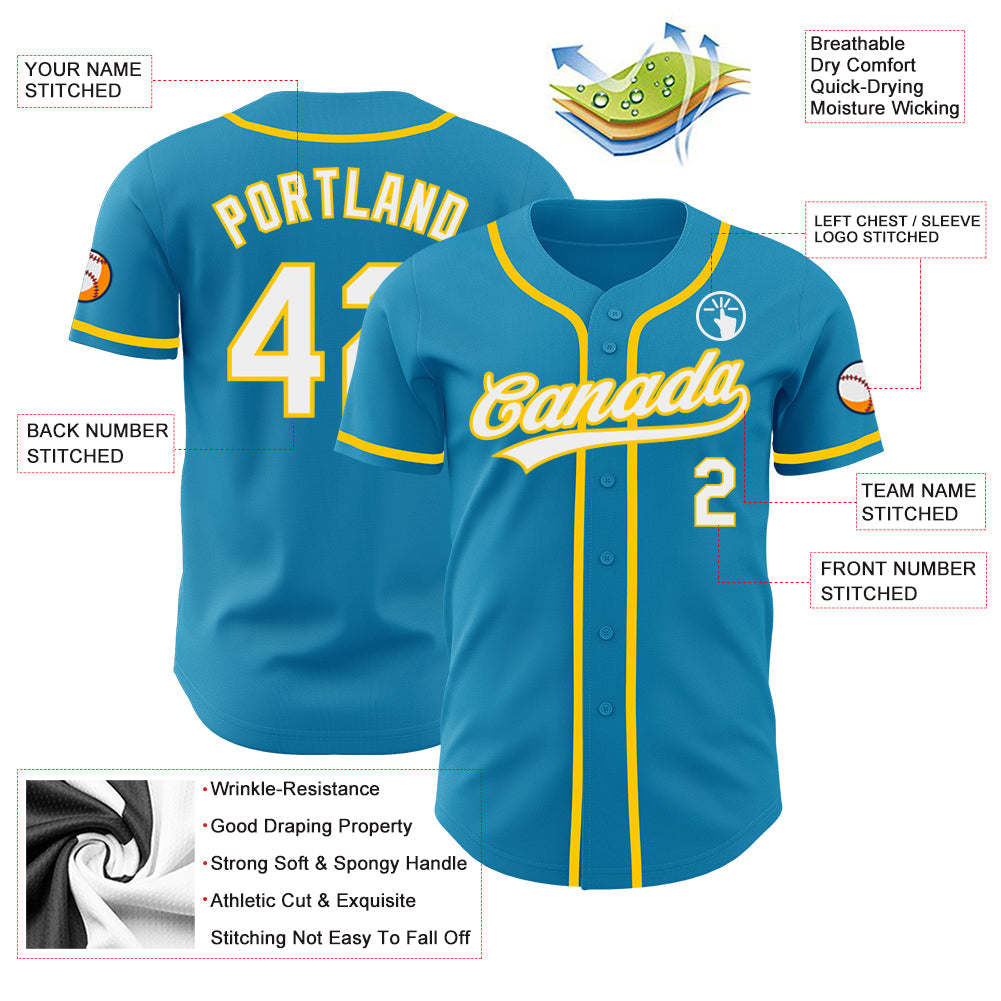 Custom Panther Blue White-Yellow Authentic Baseball Jersey view 3