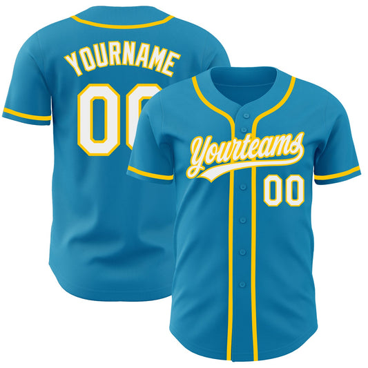 Custom Panther Blue White-Yellow Authentic Baseball Jersey - Main View
