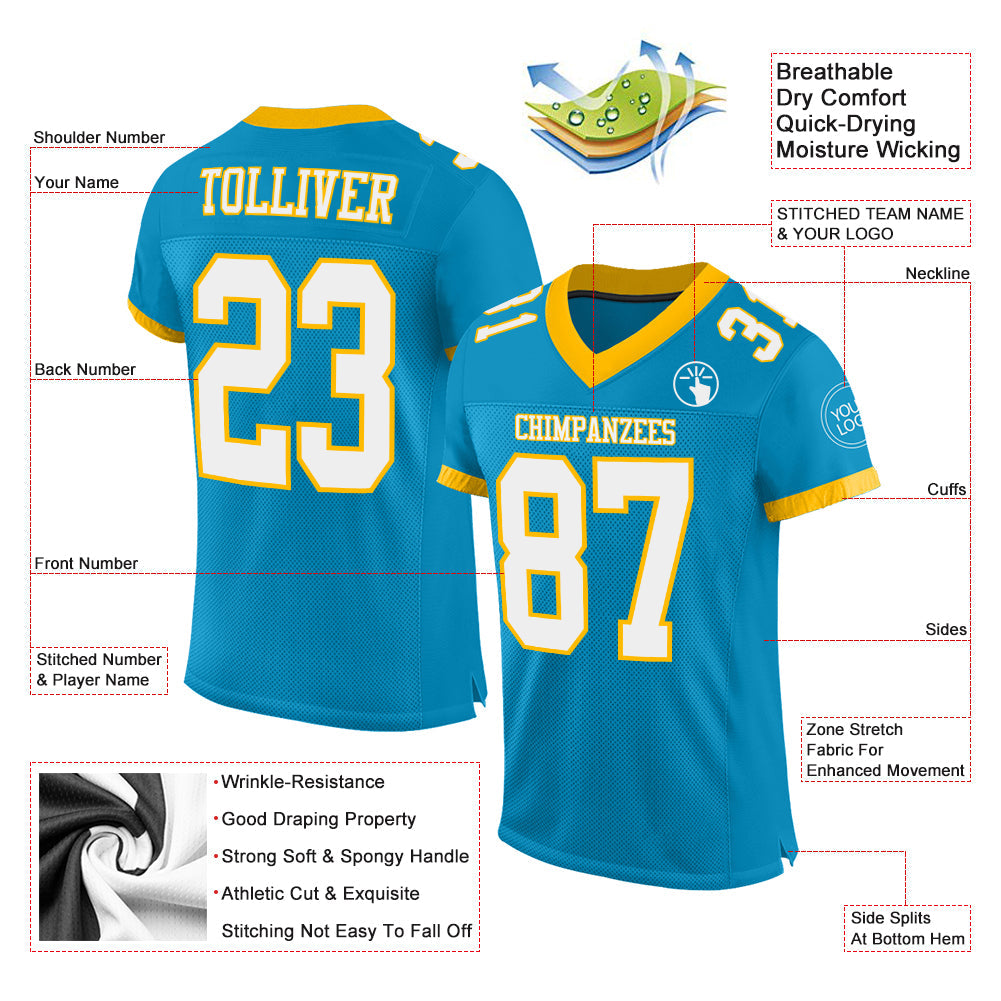 Custom Panther Blue White-Gold Mesh Authentic Football Jersey view 2