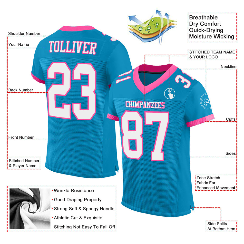 Custom Panther Blue White-Pink Mesh Authentic Football Jersey view 2