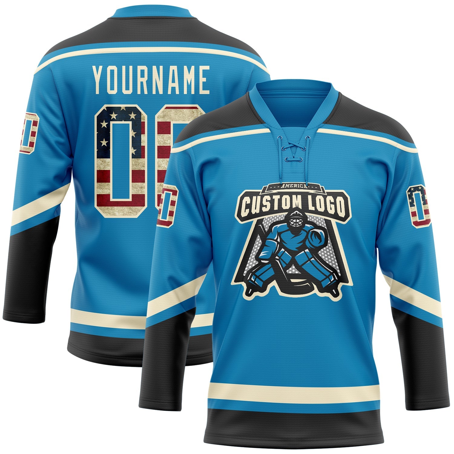 Custom Panther Blue Vintage USA Flag Black-Cream Hockey Lace Neck Jersey view 2