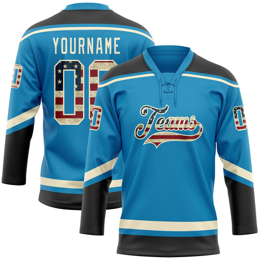Custom Panther Blue Vintage USA Flag Black-Cream Hockey Lace Neck Jersey - Main View