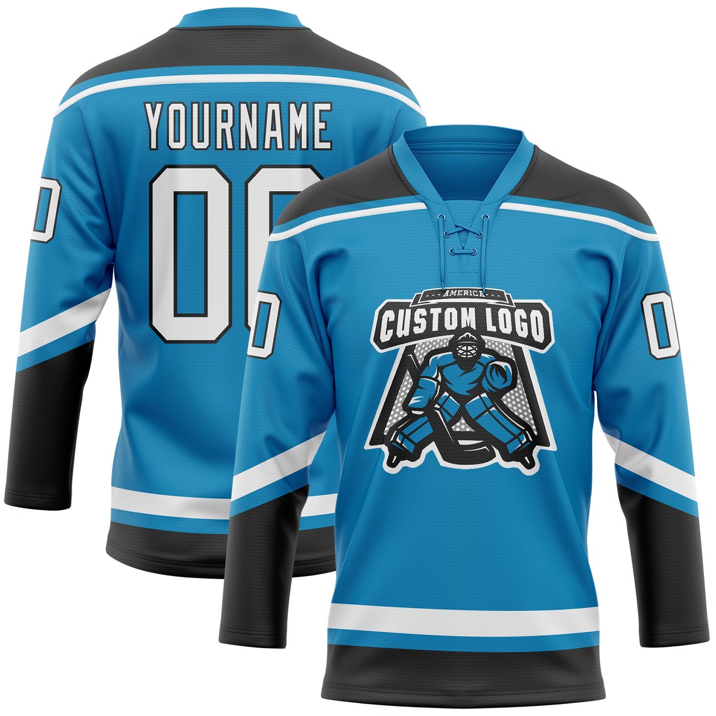 Custom Panther Blue White-Black Hockey Lace Neck Jersey view 2
