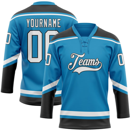 Custom Panther Blue White-Black Hockey Lace Neck Jersey - Main View