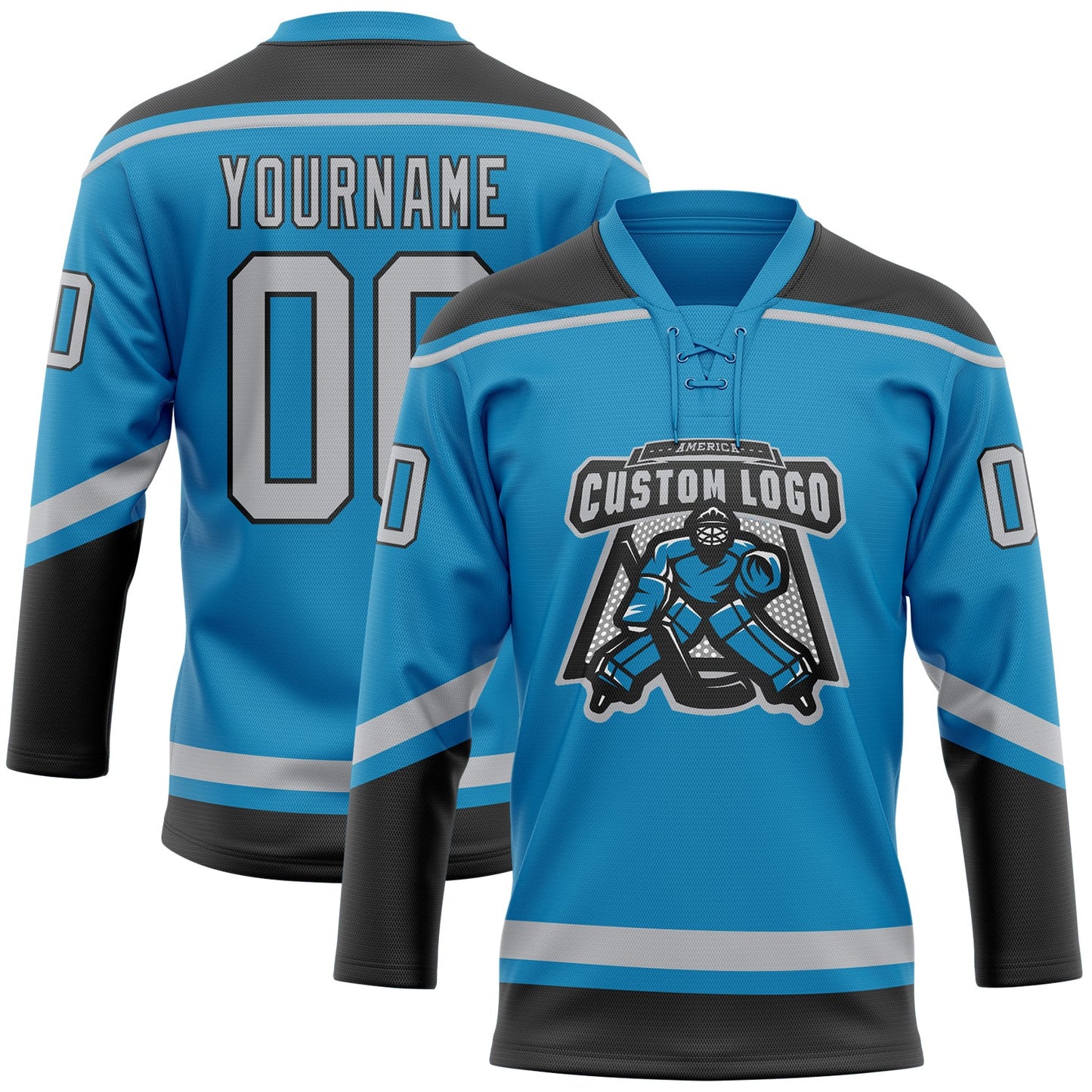 Custom Panther Blue Gray-Black Hockey Lace Neck Jersey view 2