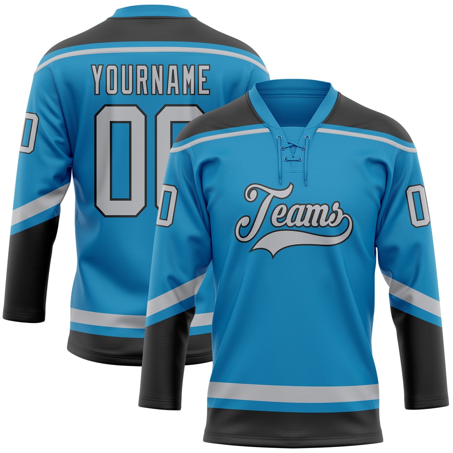 Custom Panther Blue Gray-Black Hockey Lace Neck Jersey - Main View