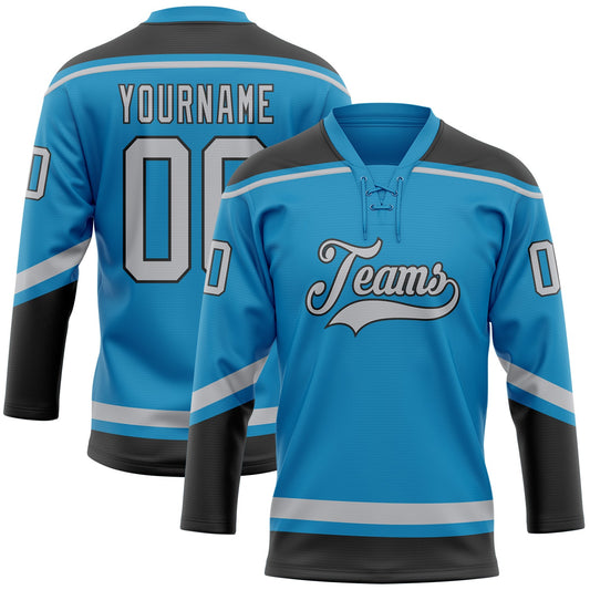 Custom Panther Blue Gray-Black Hockey Lace Neck Jersey - Main View