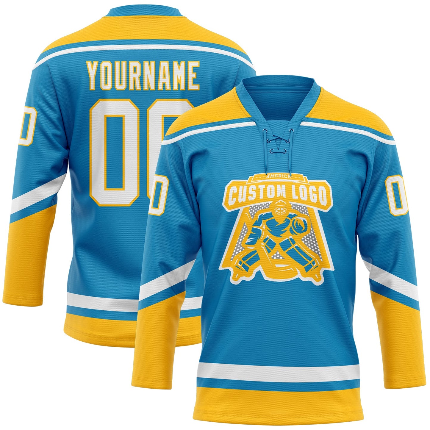Custom Panther Blue White-Gold Hockey Lace Neck Jersey view 2