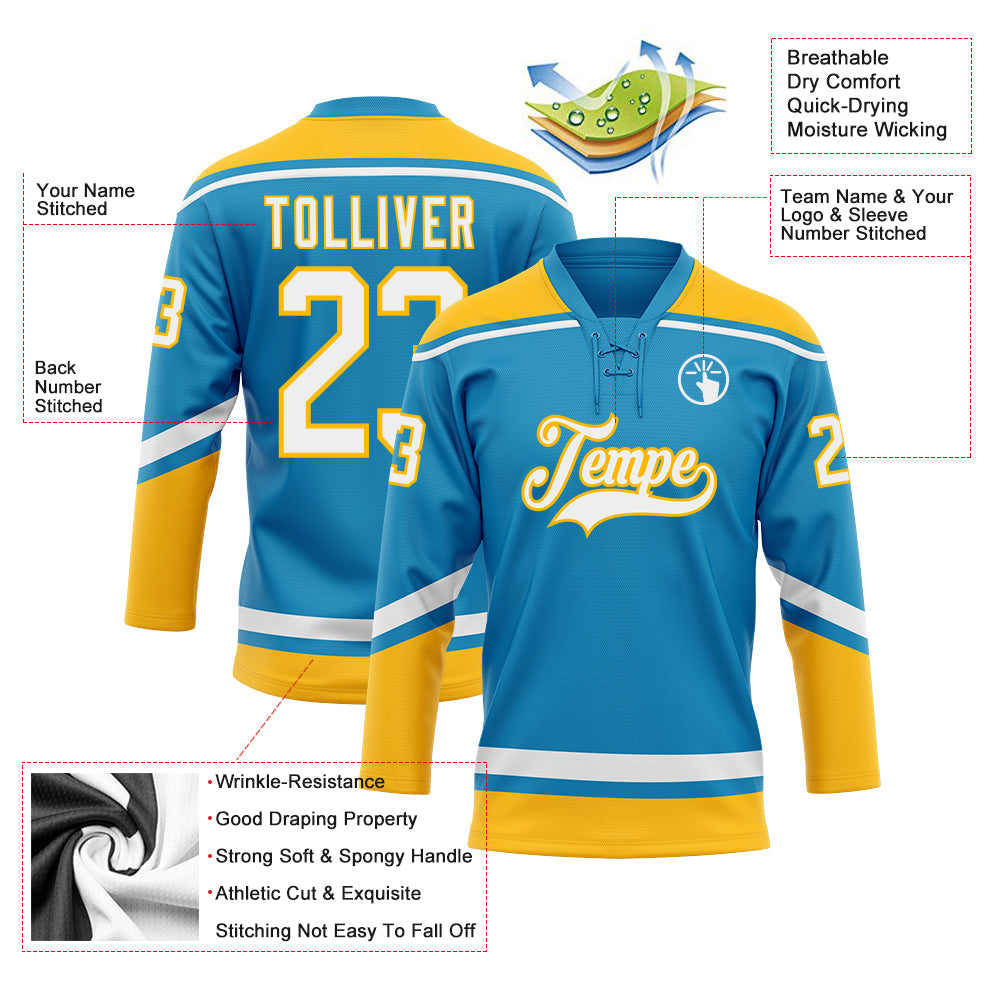 Custom Panther Blue White-Gold Hockey Lace Neck Jersey view 3