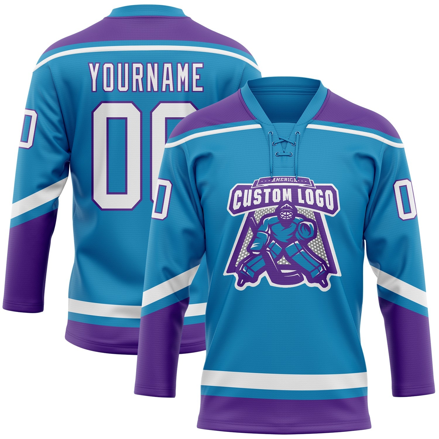 Custom Panther Blue White-Purple Hockey Lace Neck Jersey view 2