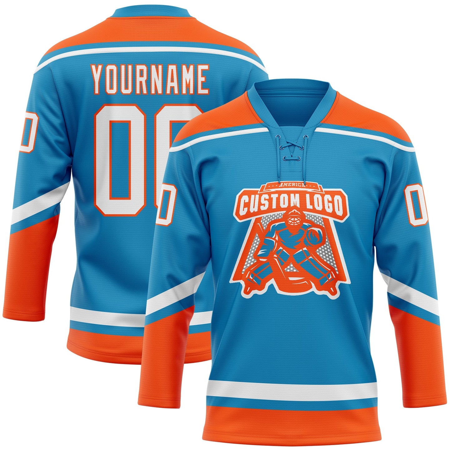 Custom Panther Blue White-Orange Hockey Lace Neck Jersey view 2
