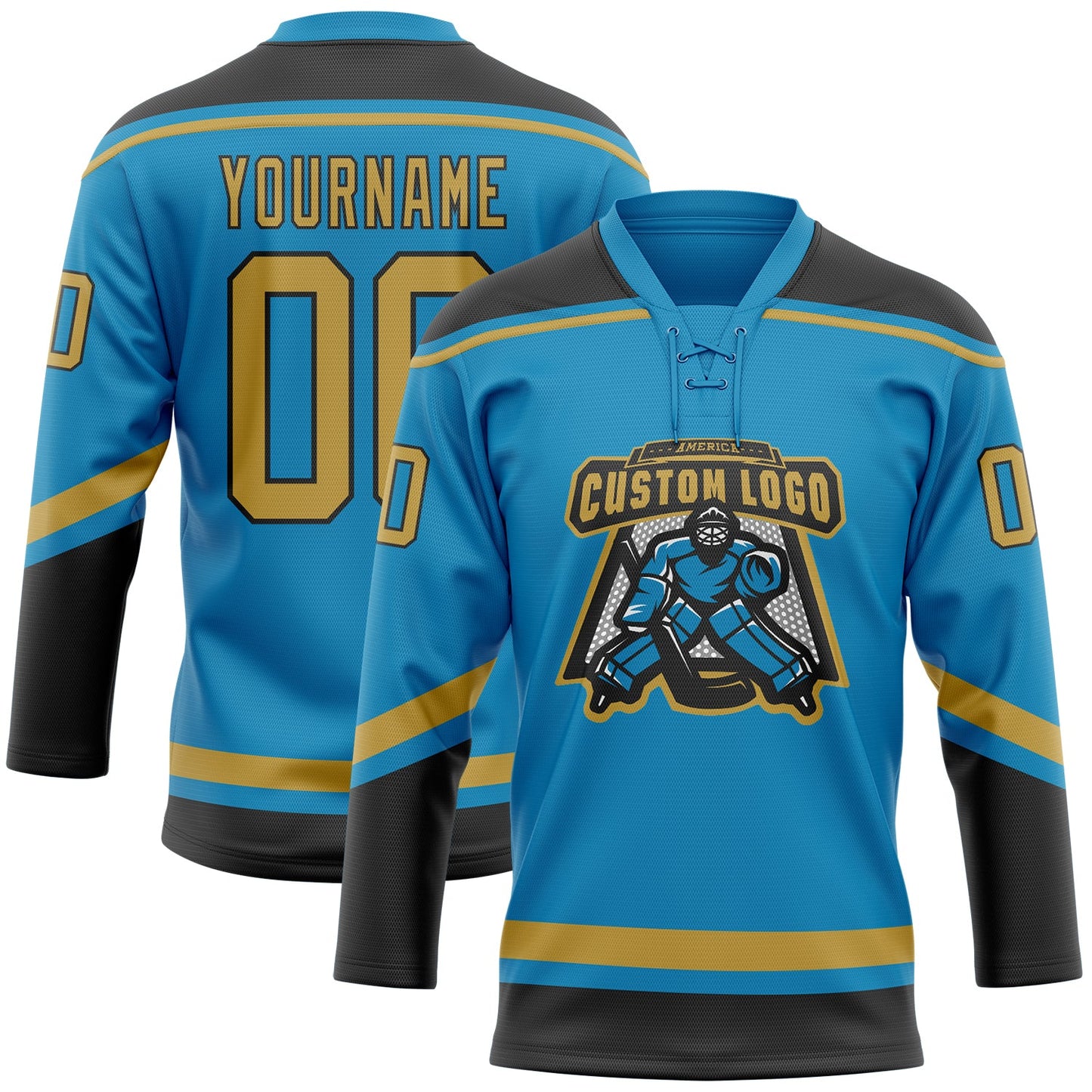 Custom Panther Blue Old Gold-Black Hockey Lace Neck Jersey view 2