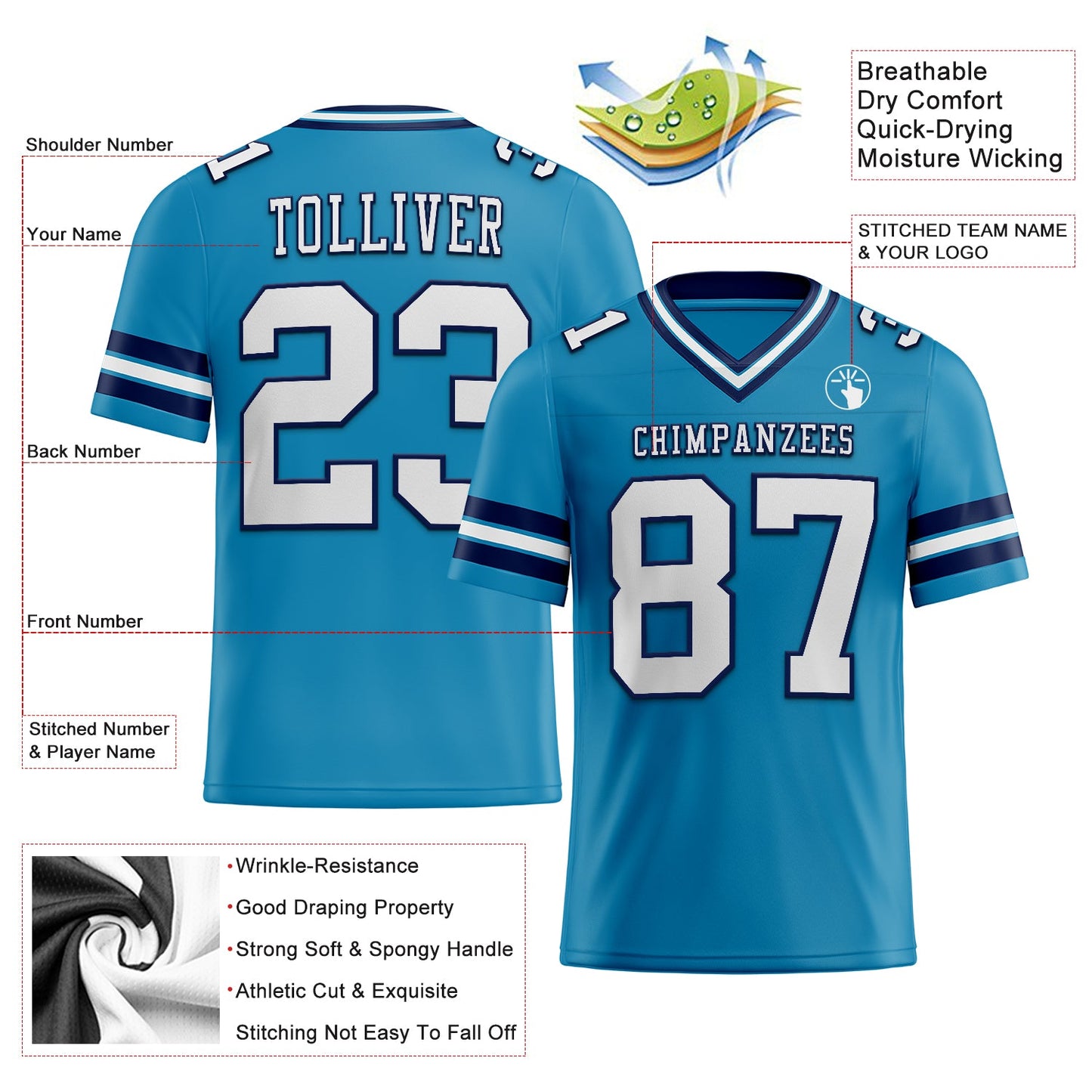 Custom Panther Blue White-Navy Authentic Football Jersey view 2