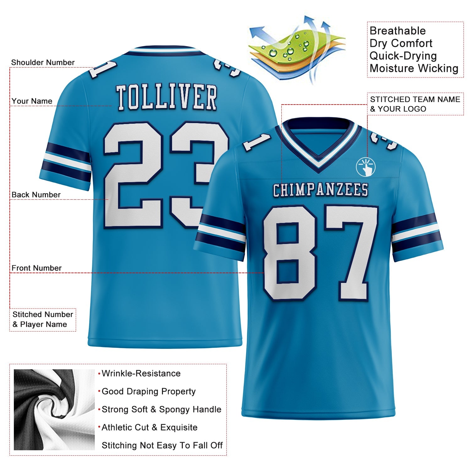 Custom Panther Blue White-Navy Authentic Football Jersey view 2