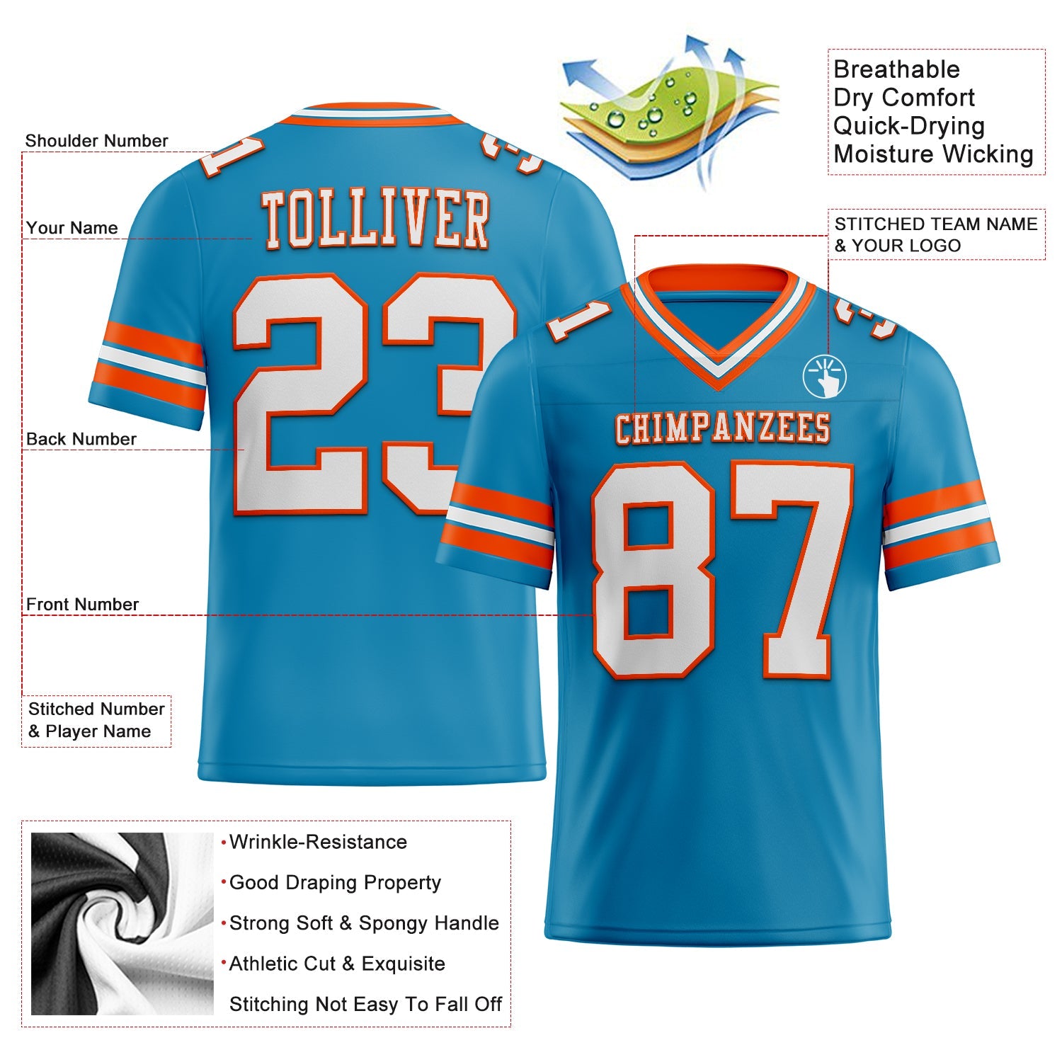 Custom Panther Blue White-Orange Authentic Football Jersey view 2