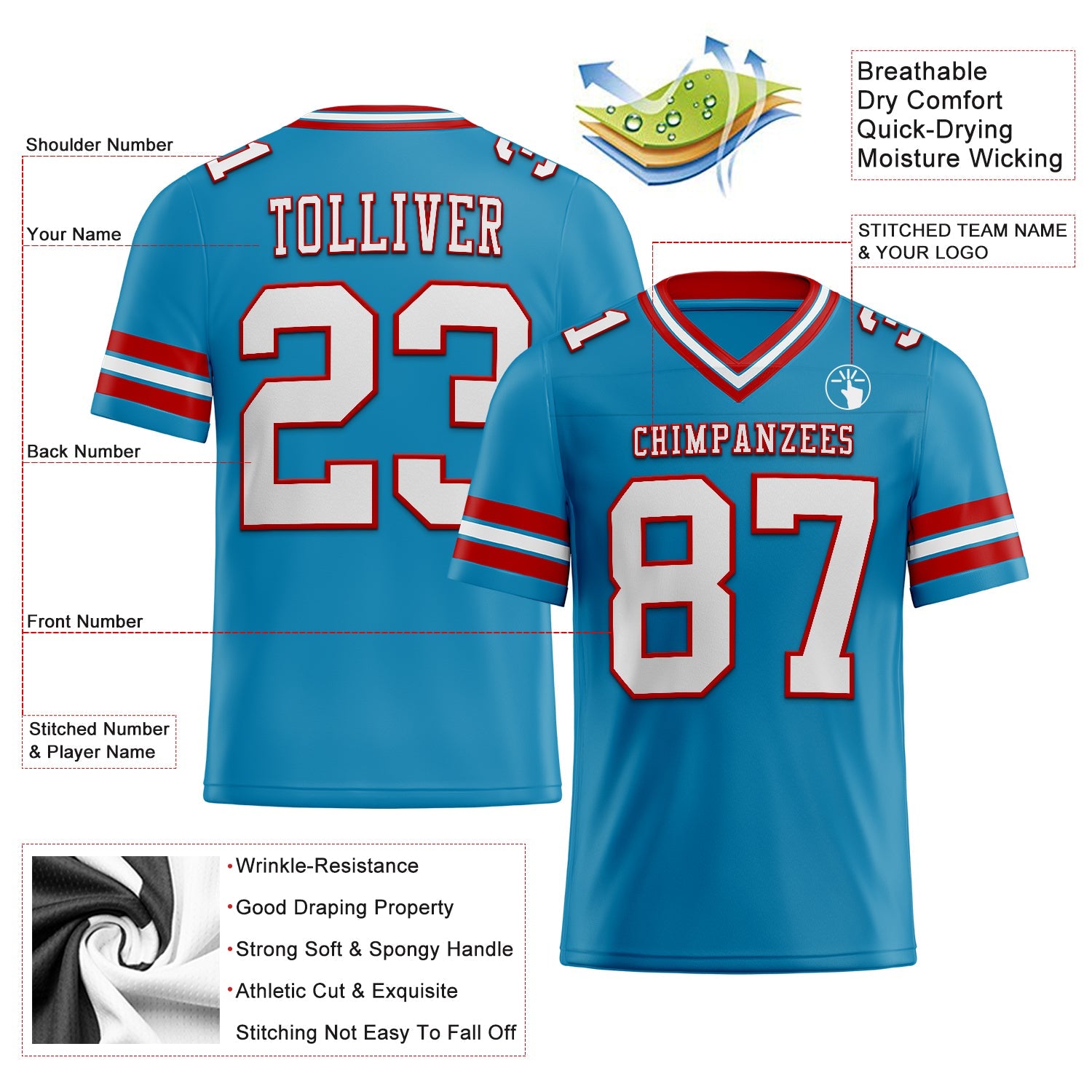 Custom Panther Blue White-Red Authentic Football Jersey view 2