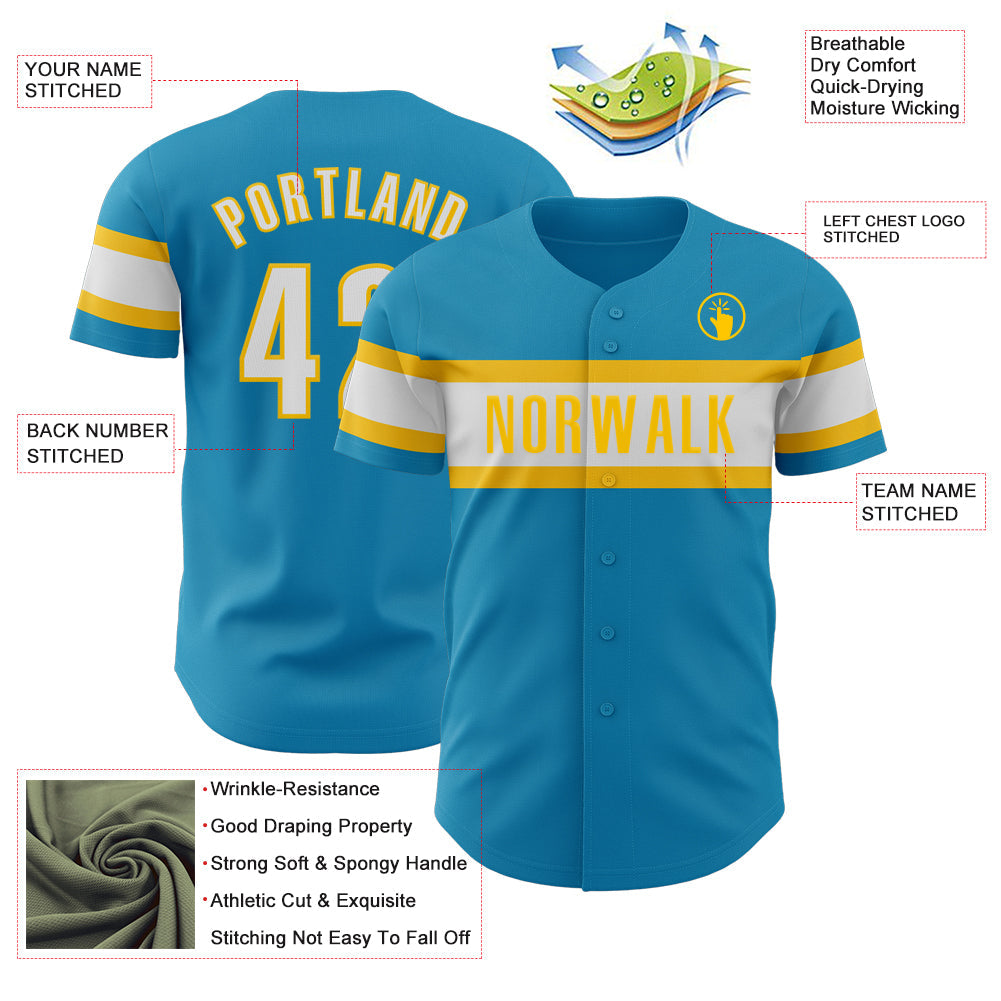 Custom Panther Blue White-Yellow Authentic Baseball Jersey view 3