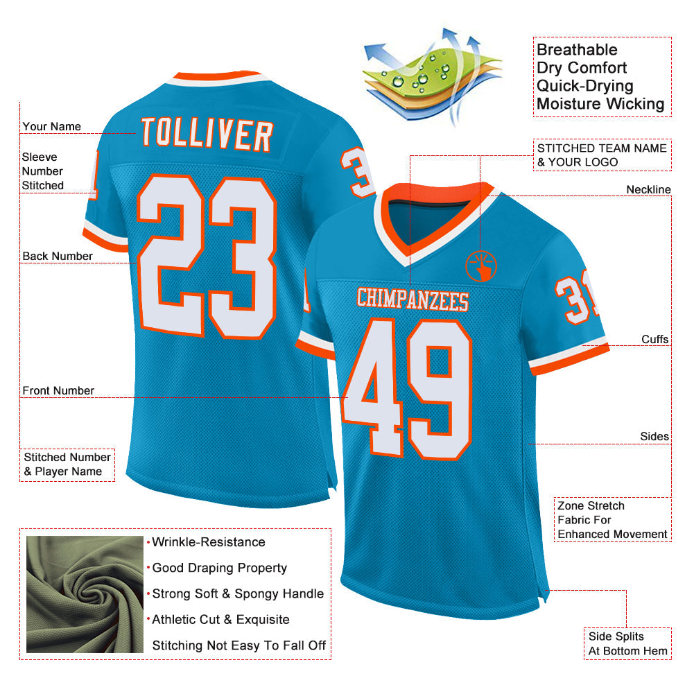 Custom Panther Blue White-Orange Mesh Authentic Throwback Football Jersey view 2