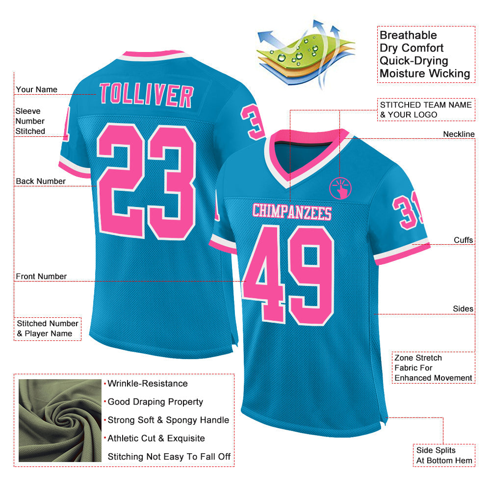 Custom Panther Blue Pink-White Mesh Authentic Throwback Football Jersey view 2