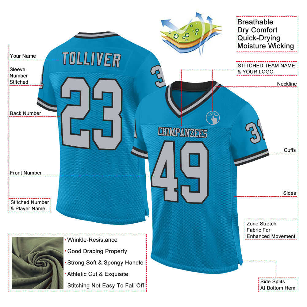 Custom Panther Blue Gray-Black Mesh Authentic Throwback Football Jersey view 2