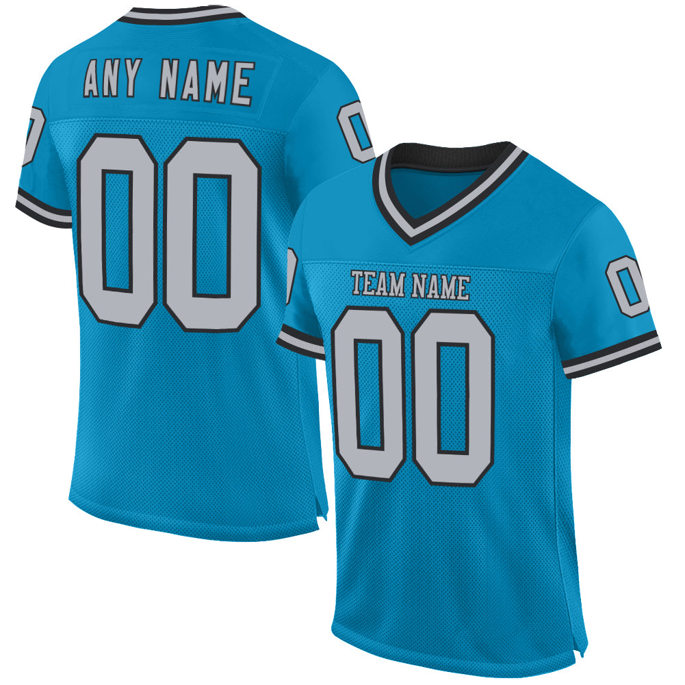 Custom Panther Blue Gray-Black Mesh Authentic Throwback Football Jersey - Main View
