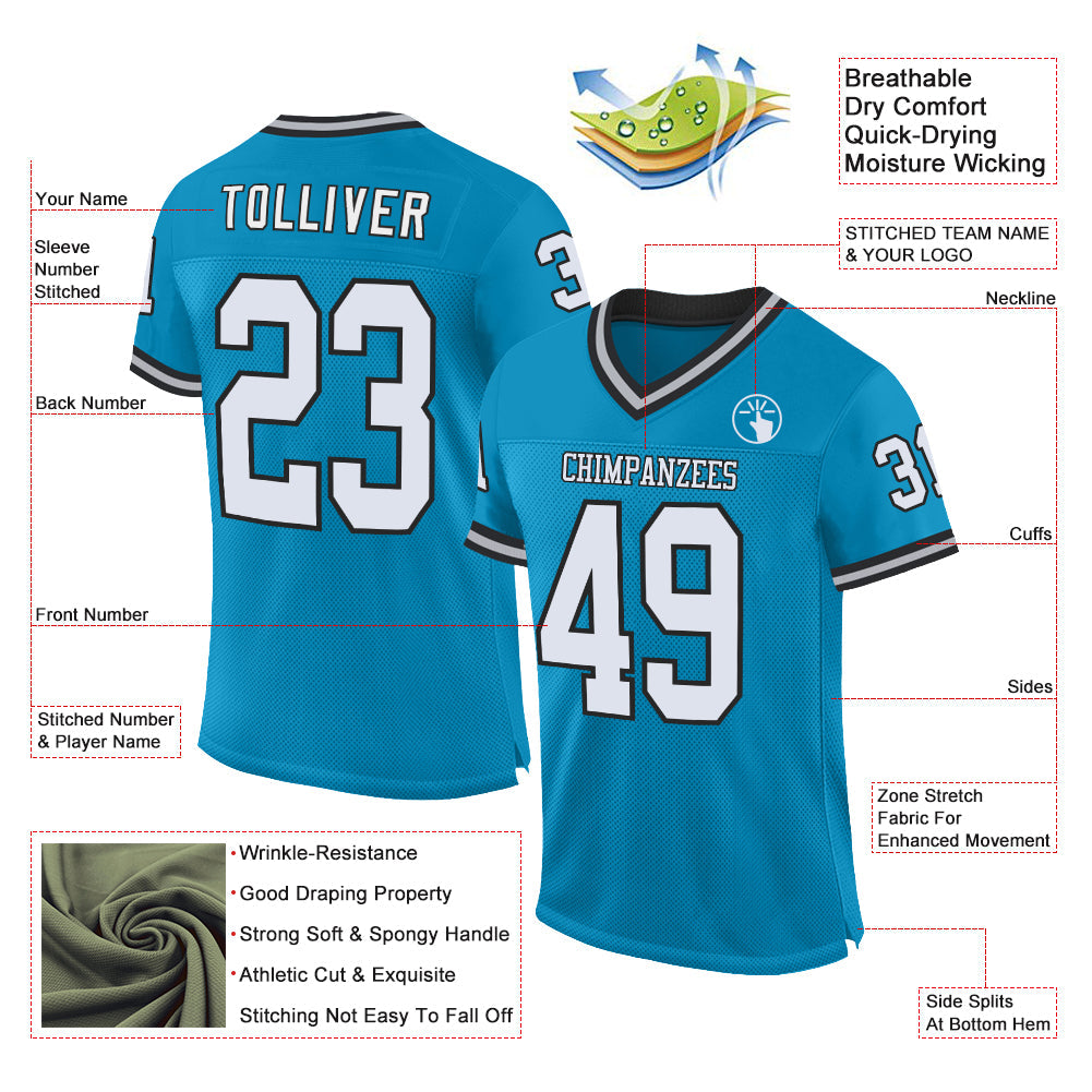 Custom Panther Blue White-Black Mesh Authentic Throwback Football Jersey view 2