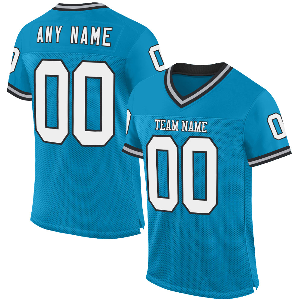 Custom Panther Blue White-Black Mesh Authentic Throwback Football Jersey - Main View