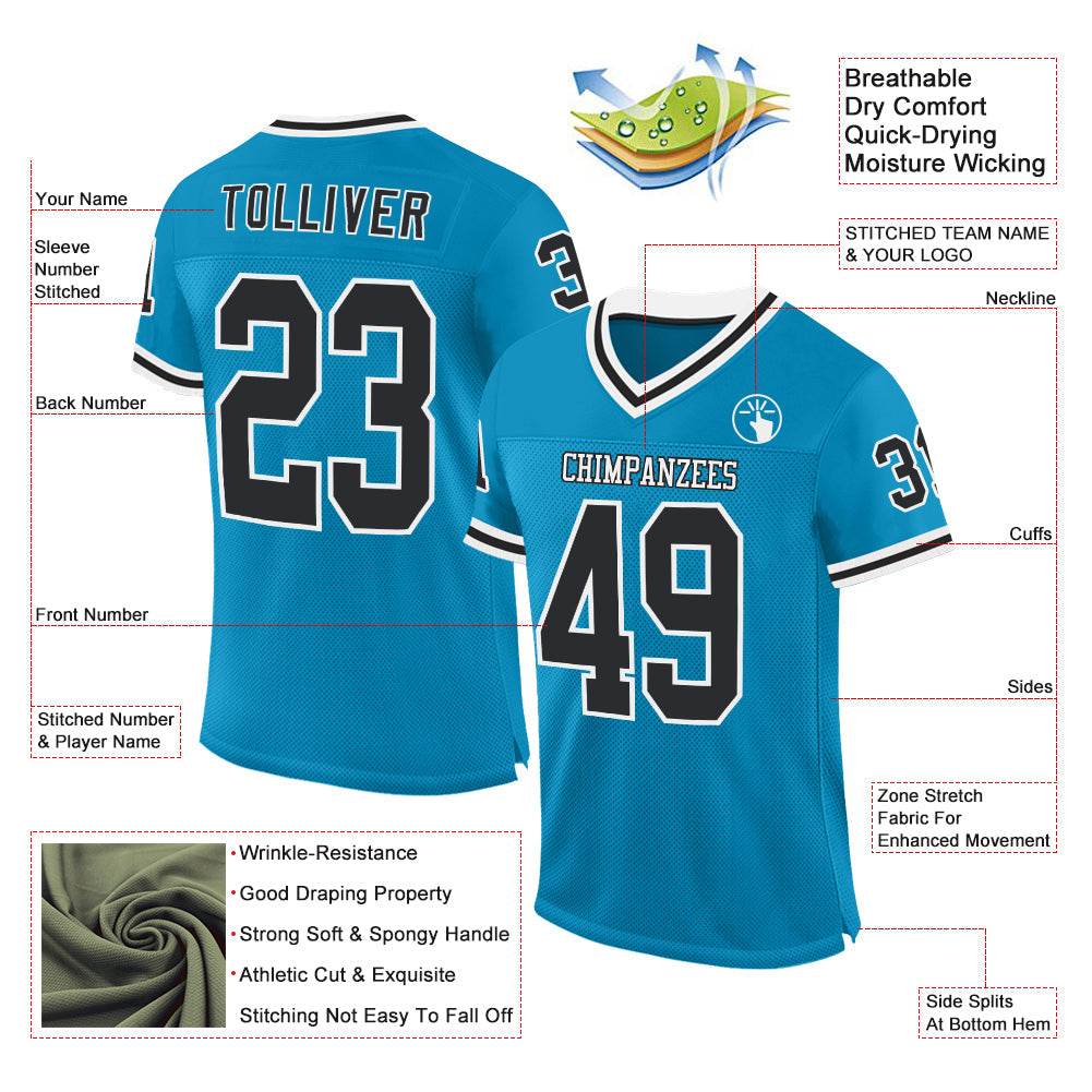 Custom Panther Blue Black-White Mesh Authentic Throwback Football Jersey view 2