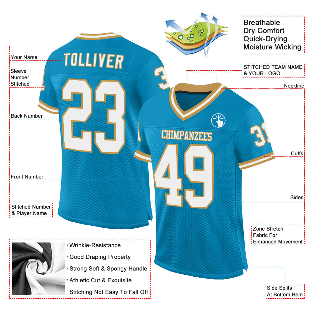 Custom Panther Blue White-Old Gold Mesh Authentic Throwback Football Jersey view 2