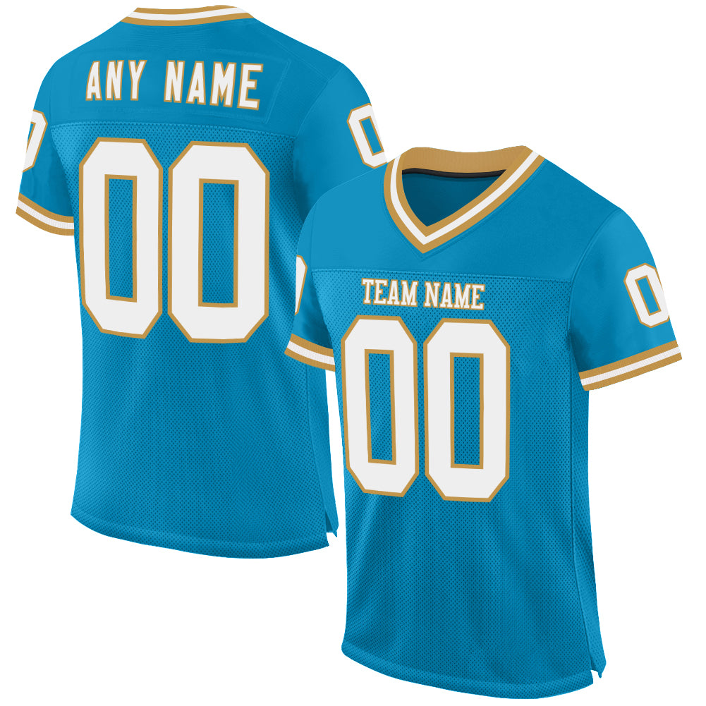 Custom Panther Blue White-Old Gold Mesh Authentic Throwback Football Jersey - Main View