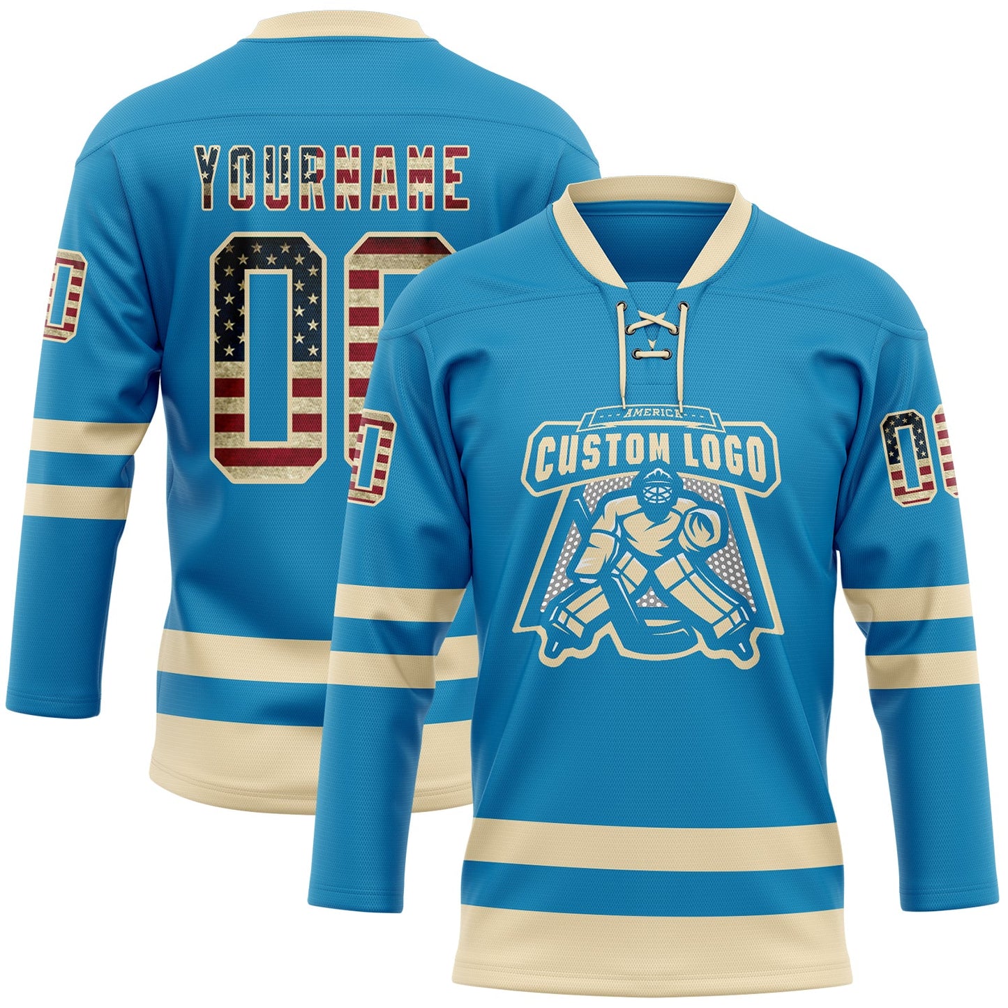 Custom Panther Blue Vintage USA Flag-Cream Hockey Lace Neck Jersey view 2