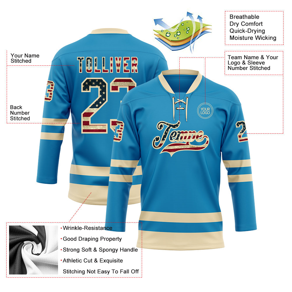 Custom Panther Blue Vintage USA Flag-Cream Hockey Lace Neck Jersey view 3