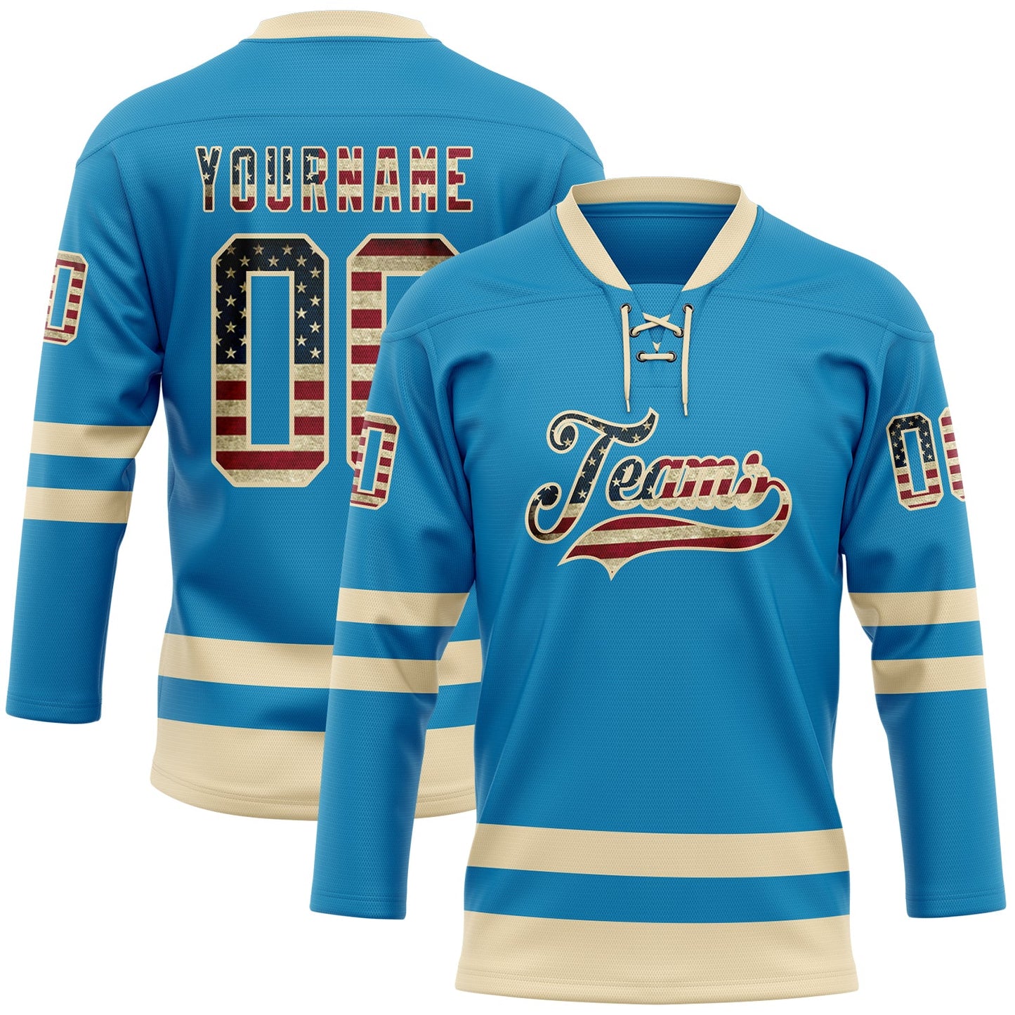 Custom Panther Blue Vintage USA Flag-Cream Hockey Lace Neck Jersey - Main View