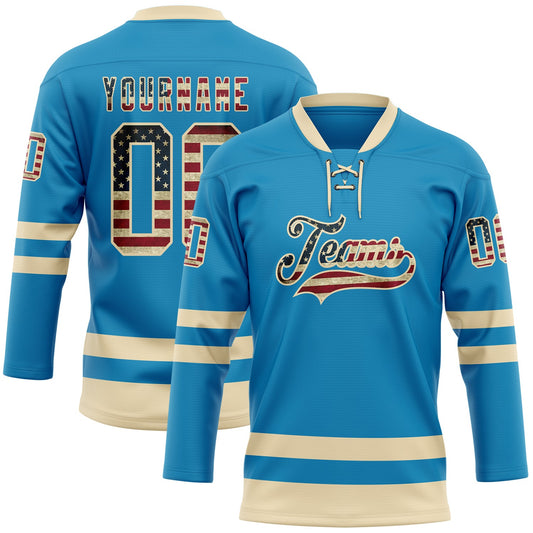 Custom Panther Blue Vintage USA Flag-Cream Hockey Lace Neck Jersey - Main View