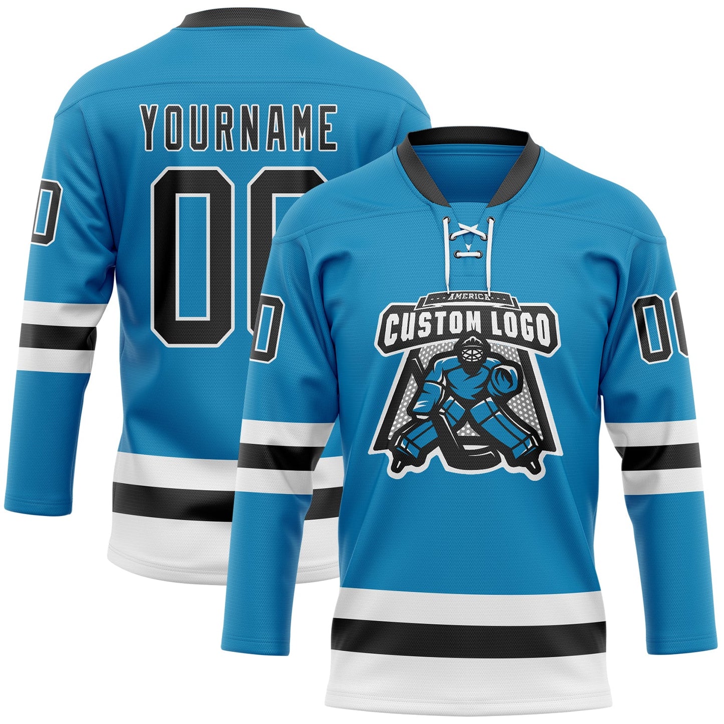 Custom Panther Blue Black-White Hockey Lace Neck Jersey view 2