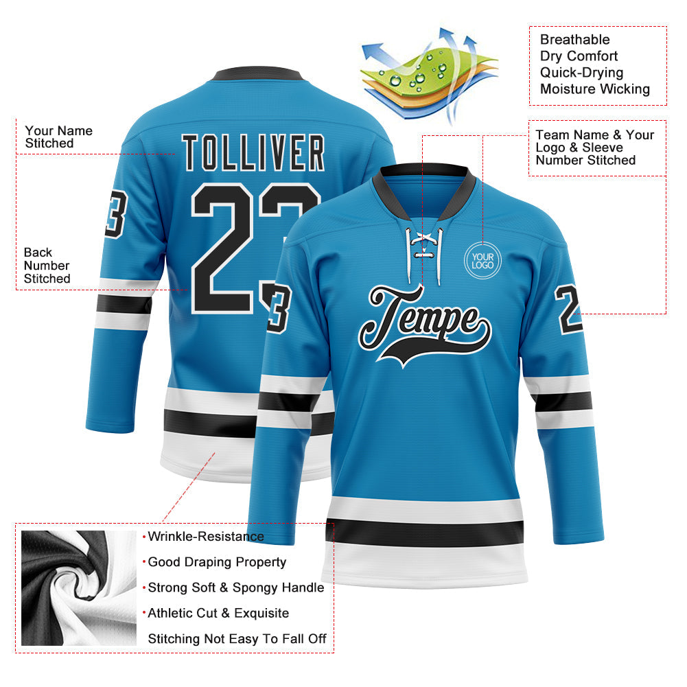 Custom Panther Blue Black-White Hockey Lace Neck Jersey view 3
