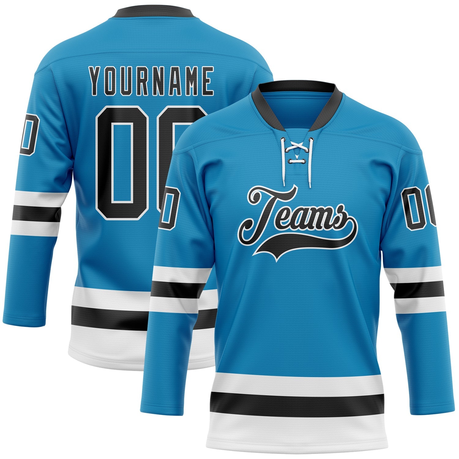 Custom Panther Blue Black-White Hockey Lace Neck Jersey - Main View