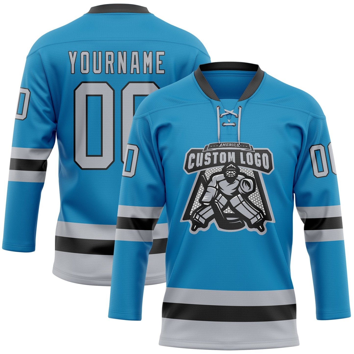 Custom Panther Blue Gray-Black Hockey Lace Neck Jersey view 2