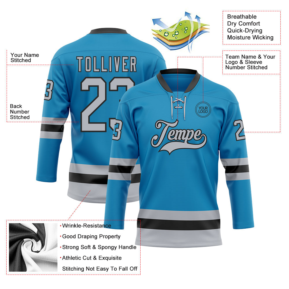 Custom Panther Blue Gray-Black Hockey Lace Neck Jersey view 3