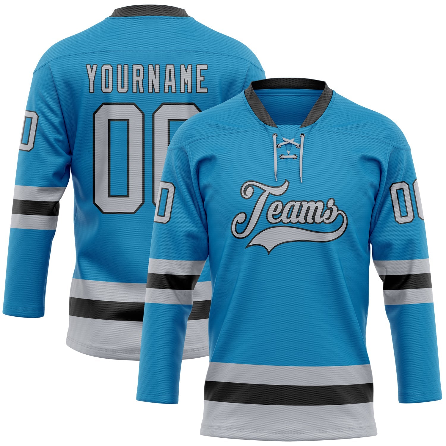 Custom Panther Blue Gray-Black Hockey Lace Neck Jersey - Main View