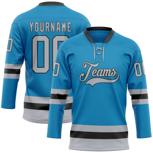 Custom Panther Blue Gray-Black Hockey Lace Neck Jersey - Main View