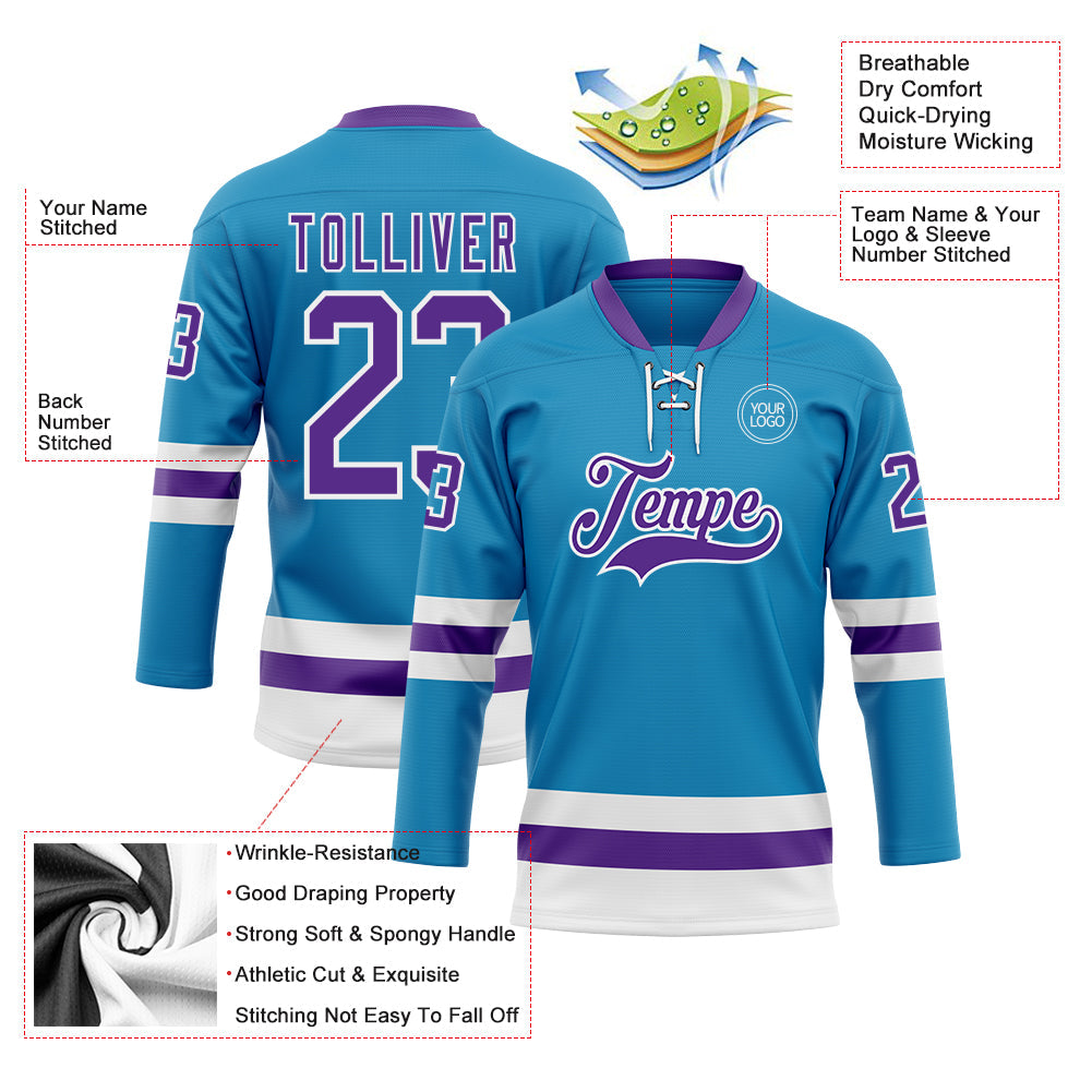 Custom Panther Blue Purple-White Hockey Lace Neck Jersey view 3