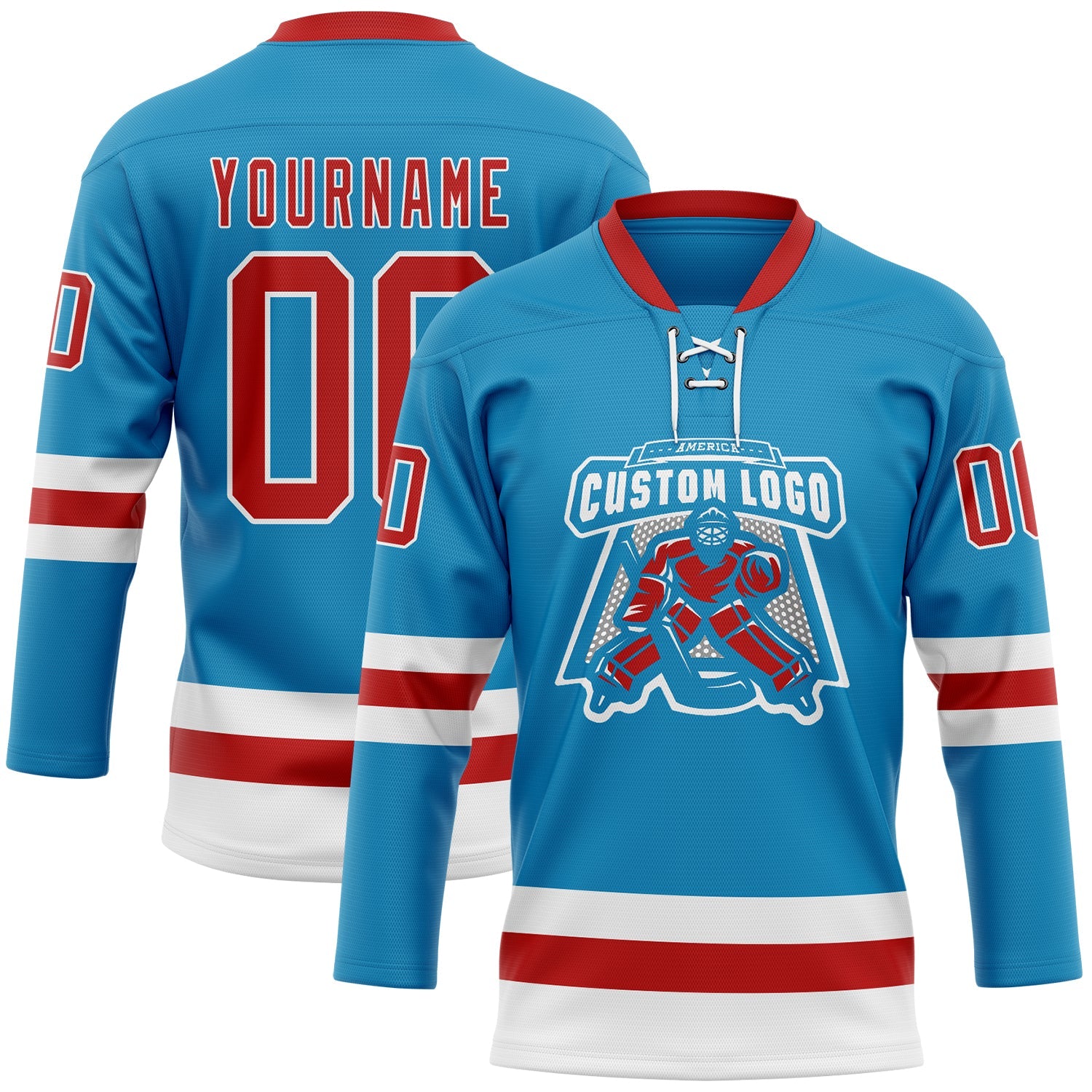 Custom Panther Blue Red-White Hockey Lace Neck Jersey view 2